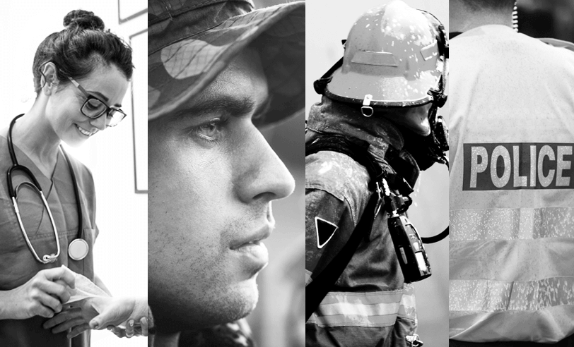 Nurse, firemen and police officers at work